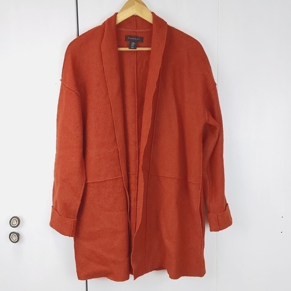 Tahari| Rust Orange Reverse Seam Open Cardigan Side Pockets Preppy Neutral Sz.M